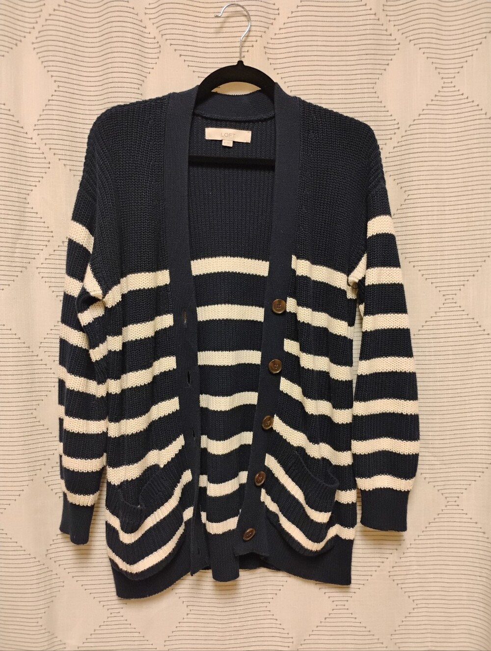 LOFT Navy & White Striped Button-Front Cardigan Women's Medium Pockets Chunky